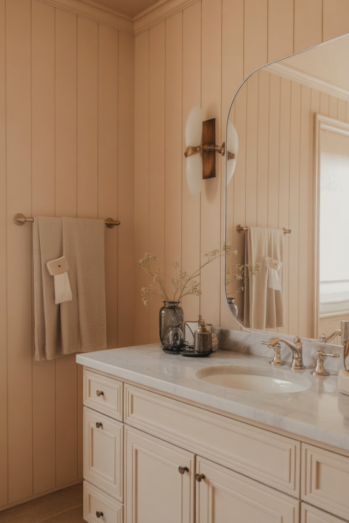 Elegant bathroom with beige board and batten walls, marble countertop, brass fixtures, and neutral-toned linens.