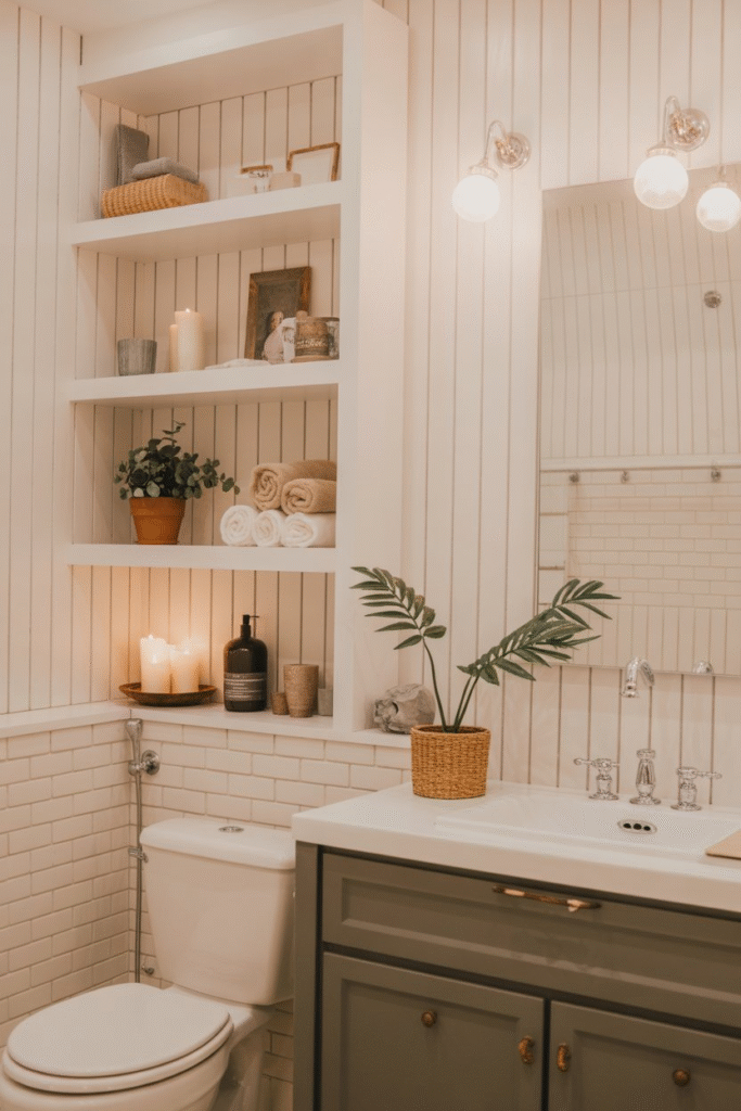 White board and batten bathroom with built-in open shelves holding rolled towels, candles, and decorative plants.