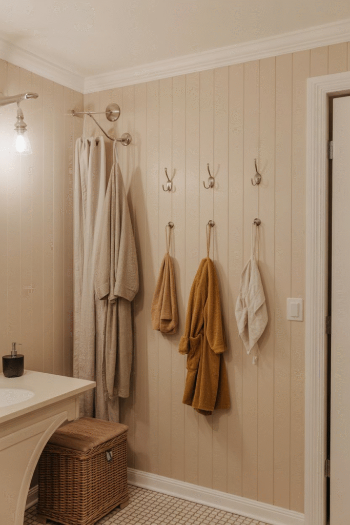 Functional bathroom with decorative hooks mounted on board and batten walls holding towels and robes.