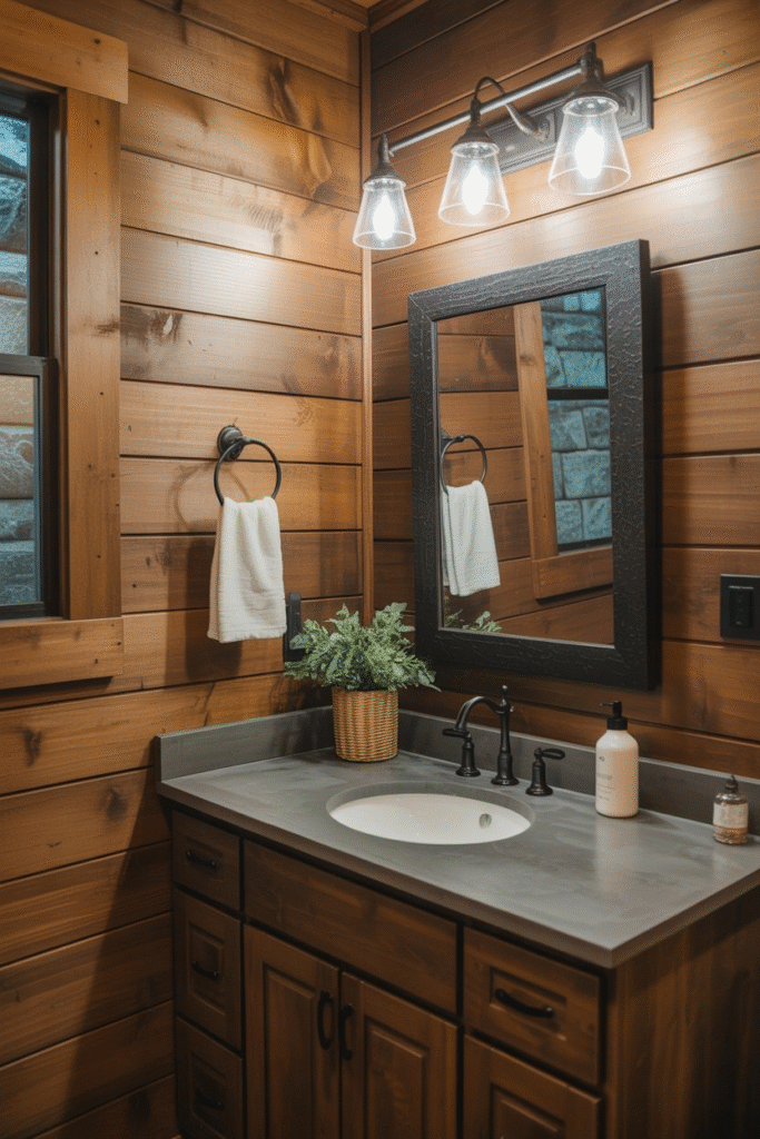 Rustic bathroom with stained wood board and batten, black iron fixtures, and stone countertop in a cabin-inspired style.