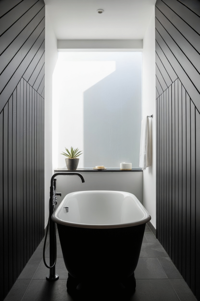 Modern bathroom with black diagonal board and batten pattern, white walls, and sleek minimalist decor.