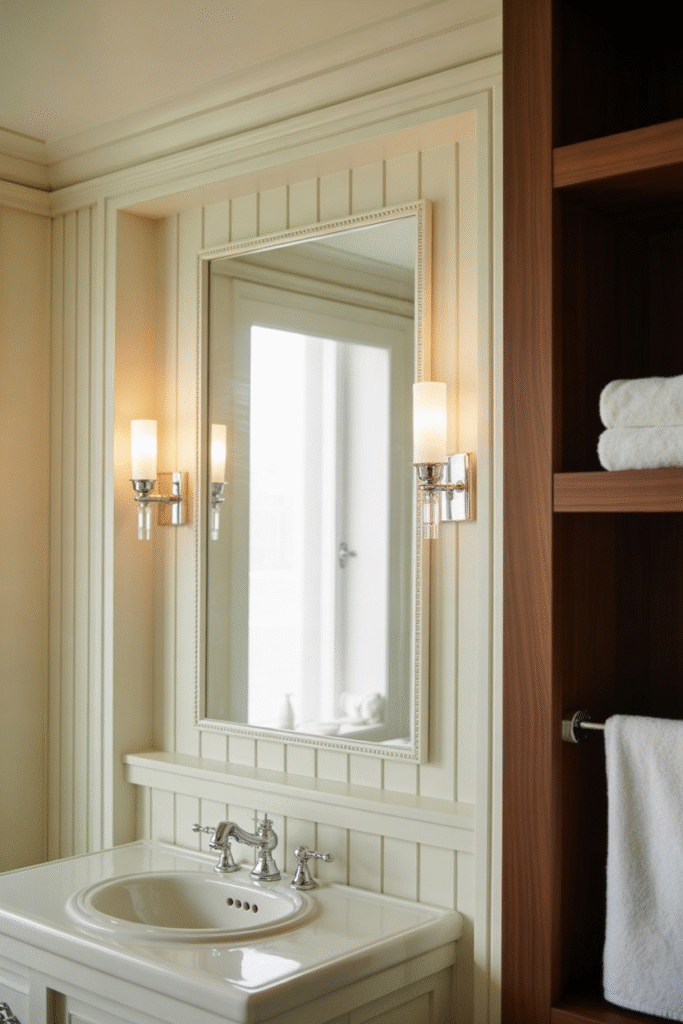 Bathroom with a built-in mirror framed by board and batten, accented with sconces and matching trim.