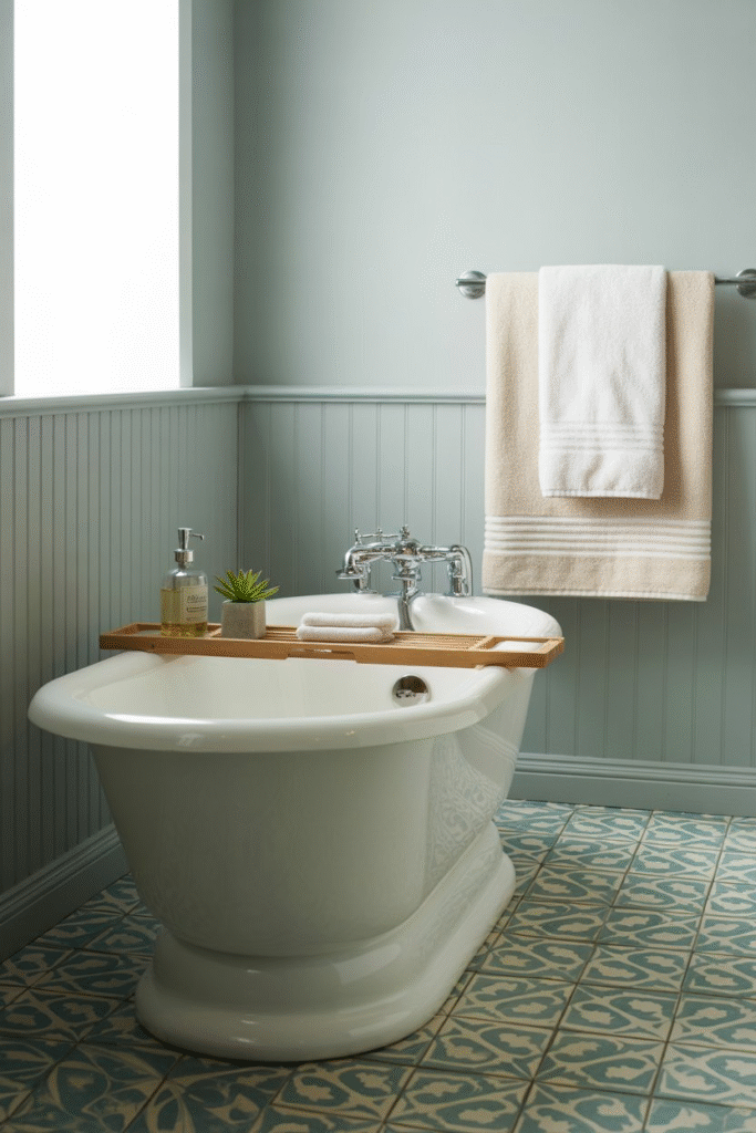 Bathroom with subtle wall paneling and bold patterned floor tile, coordinated towels, and curated accessories.