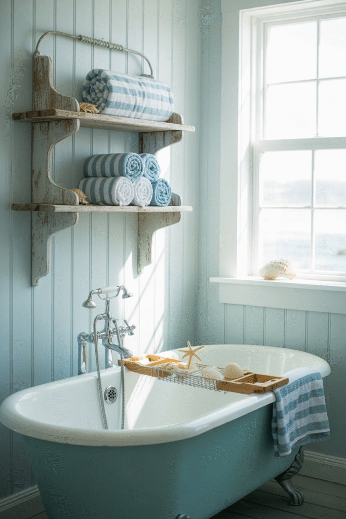 Coastal-style bathroom with pale blue board and batten, driftwood shelves, and striped towels for a breezy vibe.