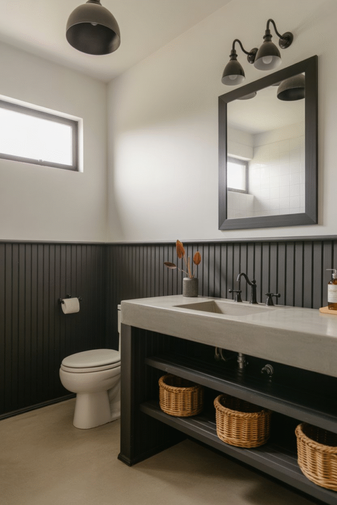 Industrial-inspired bathroom with matte black board and batten, concrete counter, white walls, and minimal styling.