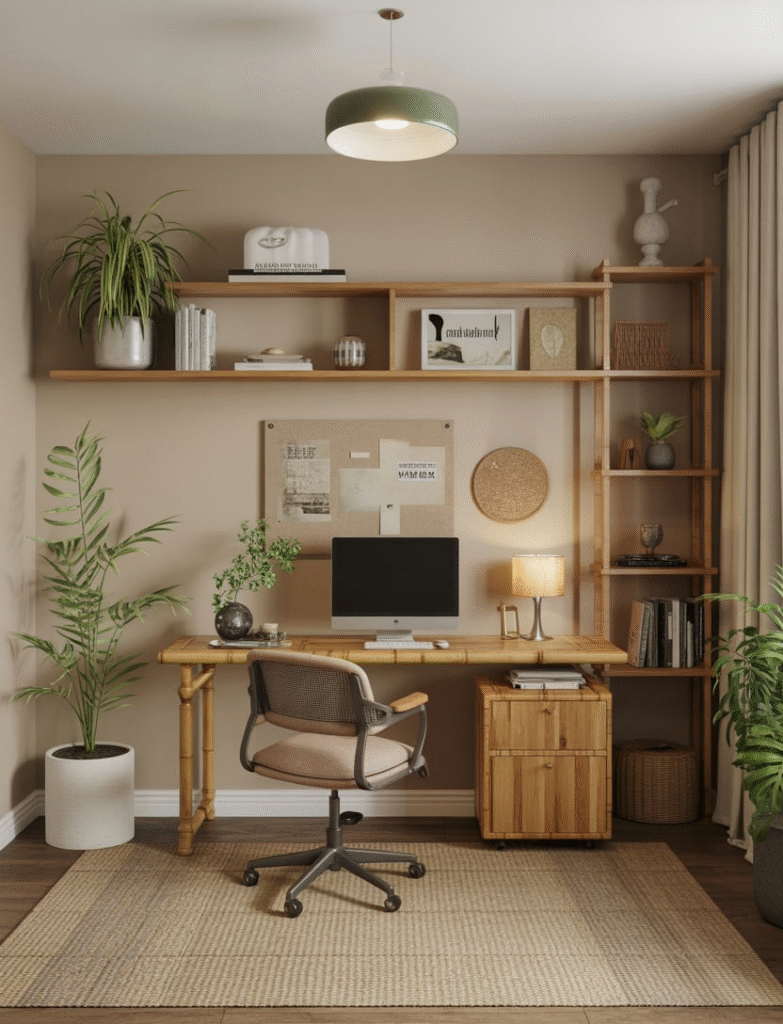 Eco-friendly home office with bamboo desk, reclaimed wood shelves, indoor plants, and neutral-toned walls, showcasing a sustainable and earthy design.