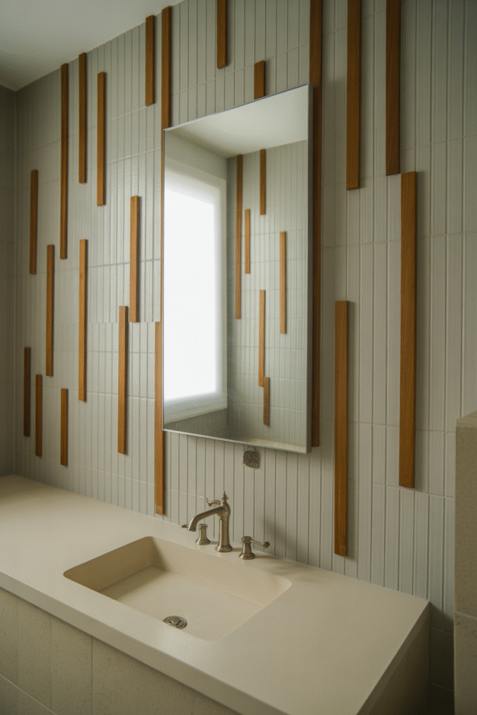 Bathroom with varied board and batten panel heights, neutral walls, and clean, simple tilework.