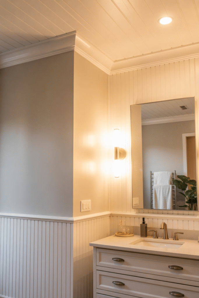 Bathroom with coordinated muted blue-grey on board and batten, trim, and ceiling, with warm lighting.