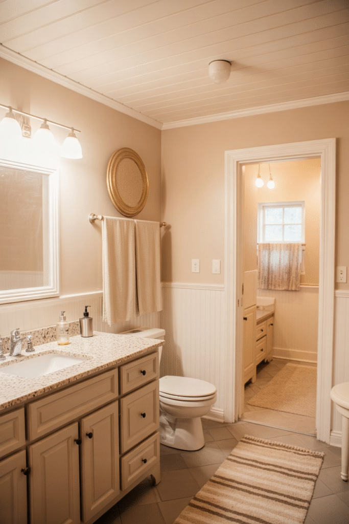 Bathroom featuring half-height white board and batten with pastel-painted upper walls and a vintage mirror.