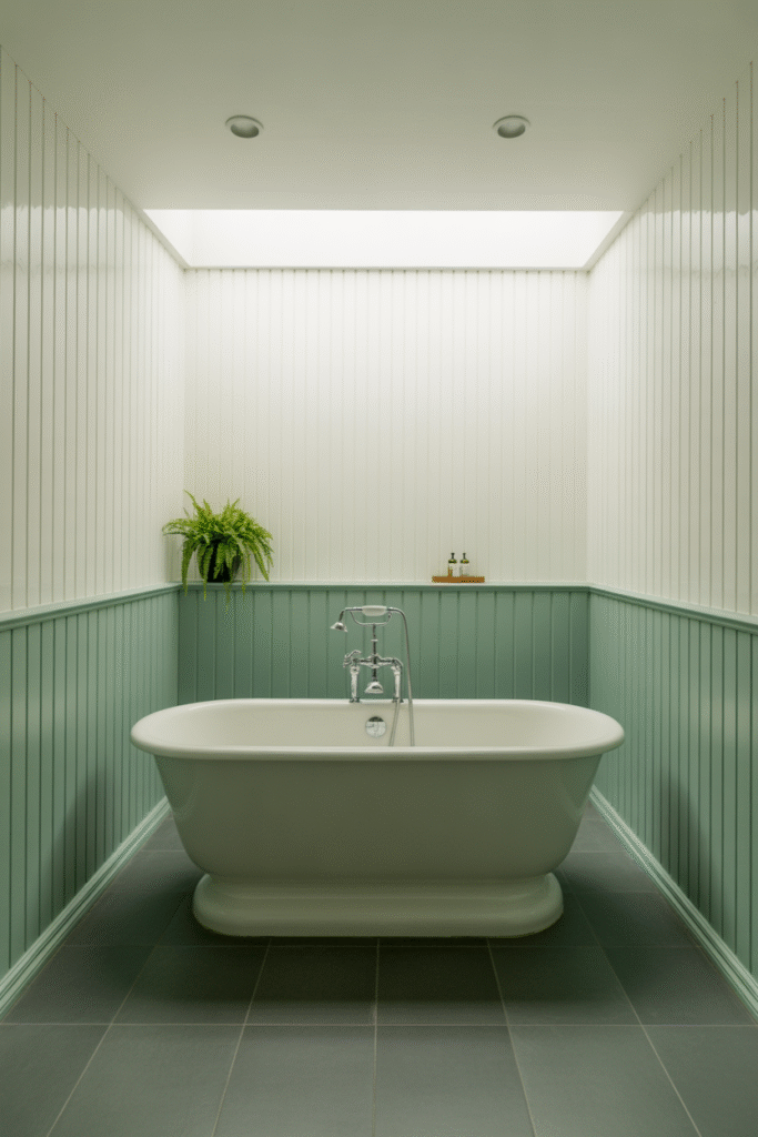 Two-tone bathroom wall with deep green board and batten below and soft beige above, styled with matching towels.