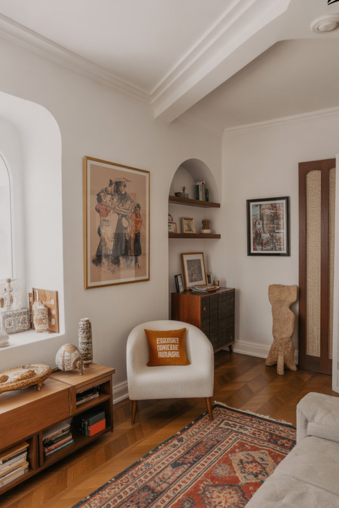 Personalized home interior with custom artwork, global textiles, travel souvenirs, and heirloom furniture in a rich, layered style.