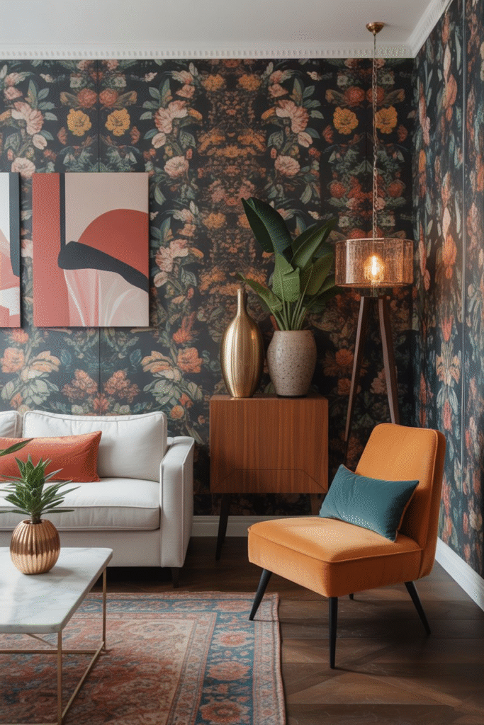 Living room with multiple bold wallpapers in floral and geometric patterns, layered with colorful decor and statement furniture.