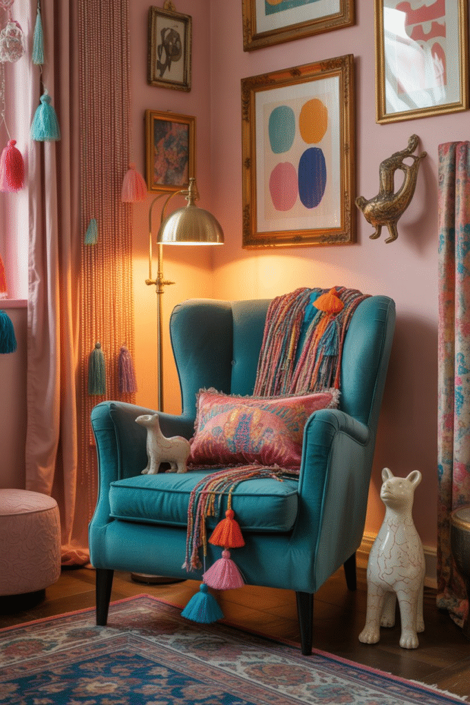 Whimsical decor with colorful tassels, beaded curtains, quirky statues, and playful accessories layered throughout the room.
