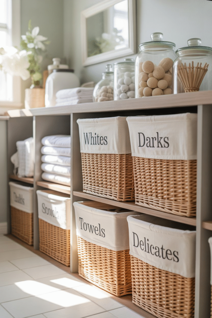 Stylish laundry shelves with matching containers and baskets, each labeled with chic typography for an organized, cohesive look.