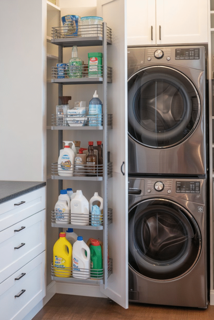 Tall, slim pull-out pantry shelf between appliances in a laundry room, storing detergents and bottles efficiently.

