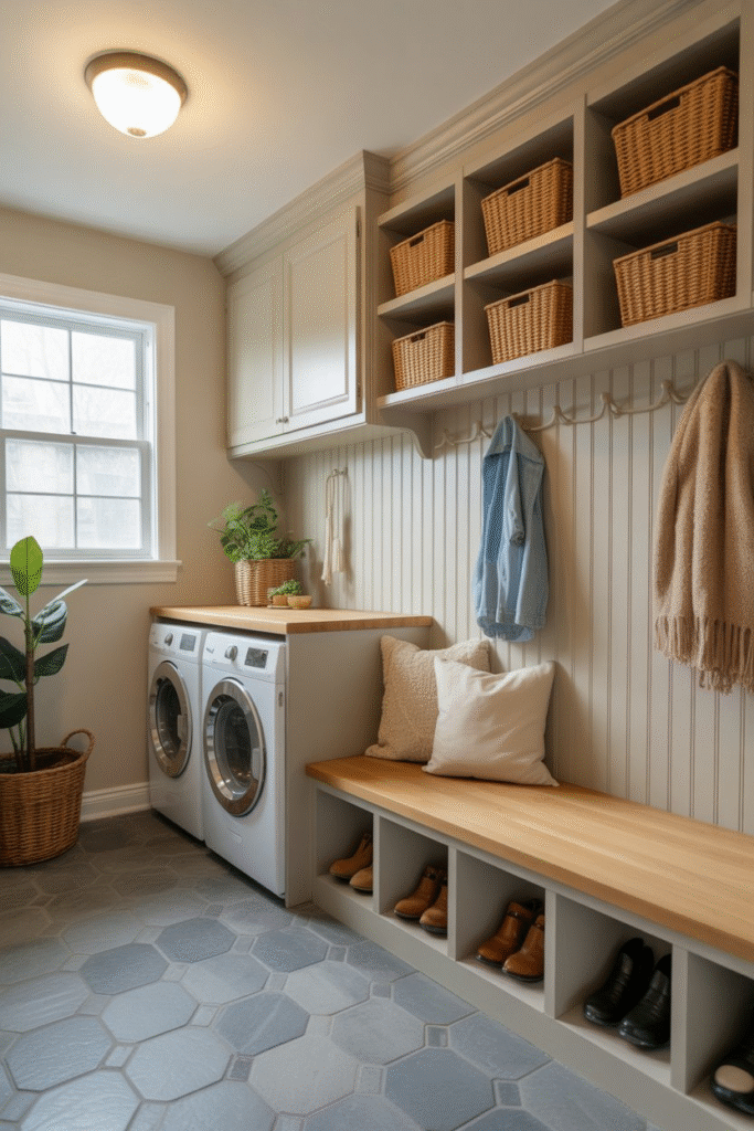 Mudroom-style bench with cubbies for shoes and supplies, soft cushion on top, adjacent to a washer and dryer setup.

