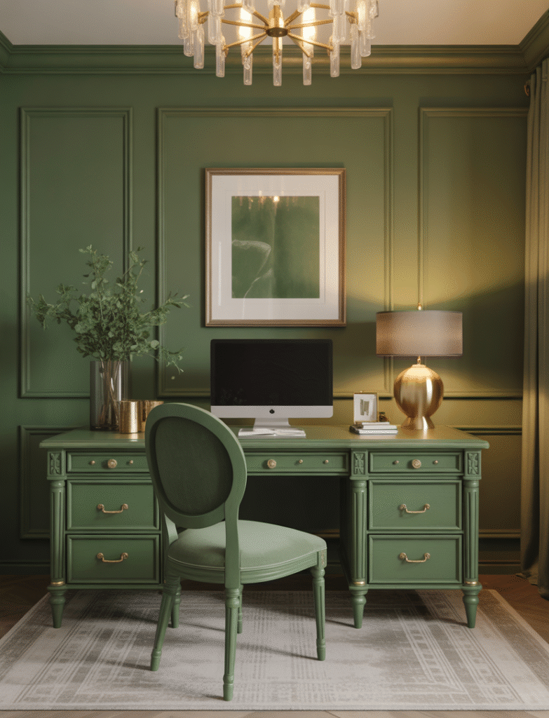 Home office featuring a green-painted desk with gold handles, brass lamp, and framed green art, blending luxe green and gold tones for an elegant look.