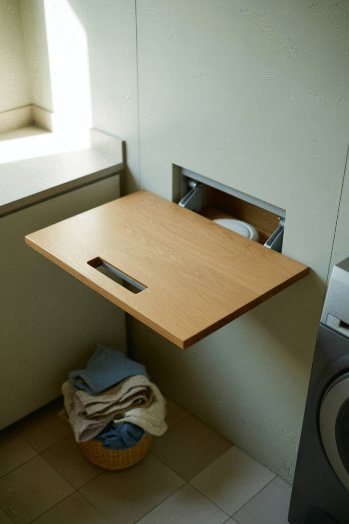 Wall-mounted folding table in laundry room shown folded down for use, with clean, compact functionality.

