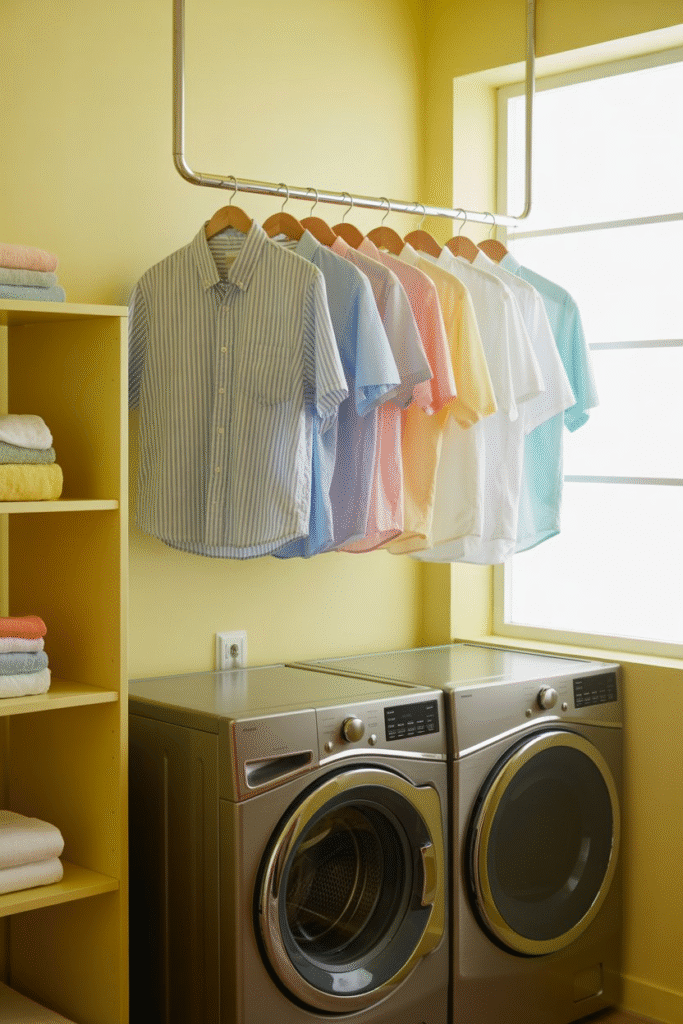 Sturdy bar installed above washer and dryer for hanging clothes to dry on hangers in a bright laundry room.

