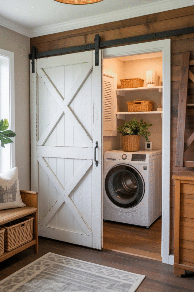 Laundry room hidden behind a rustic wood sliding barn door, ideal for tight spaces and farmhouse aesthetics.

