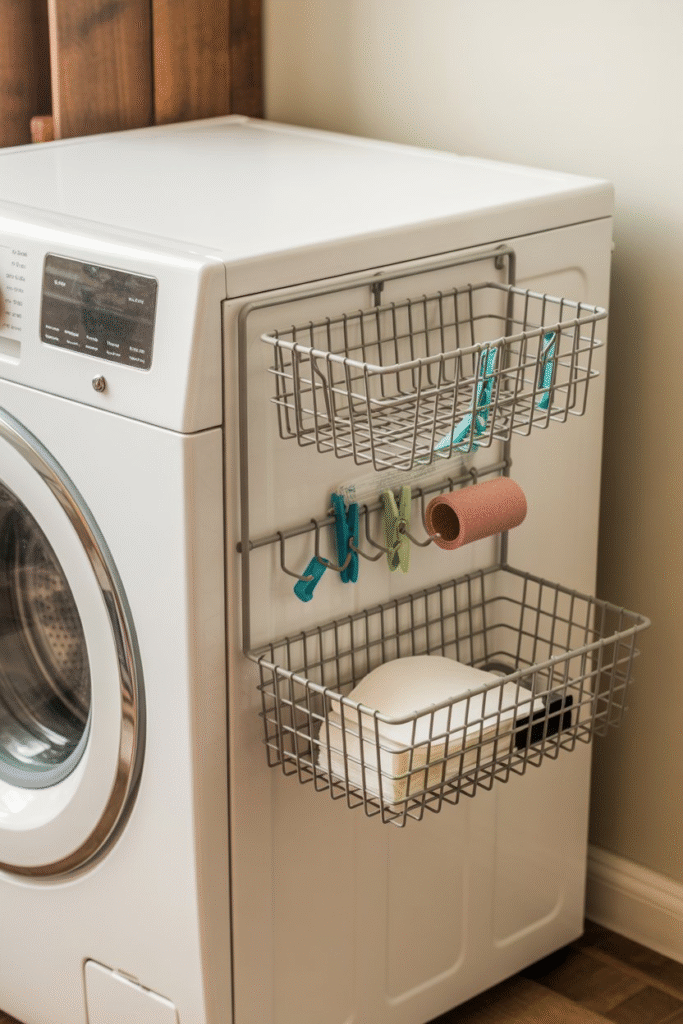 Magnetic bins and hooks attached to the side of a washing machine, organizing clothespins and lint rollers.

