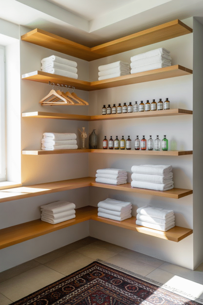 Floating triangular shelves in the corner of a laundry room, storing hangers, cleaners, and towels.

