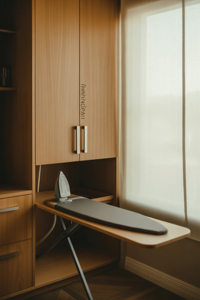 Slim fold-out ironing board hidden inside a wall cabinet, blending seamlessly with modern cabinetry.