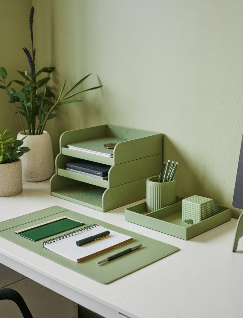 White desk with green desk accessories like trays, pen holders, and notebooks, coordinated to create a clean and organized workspace.