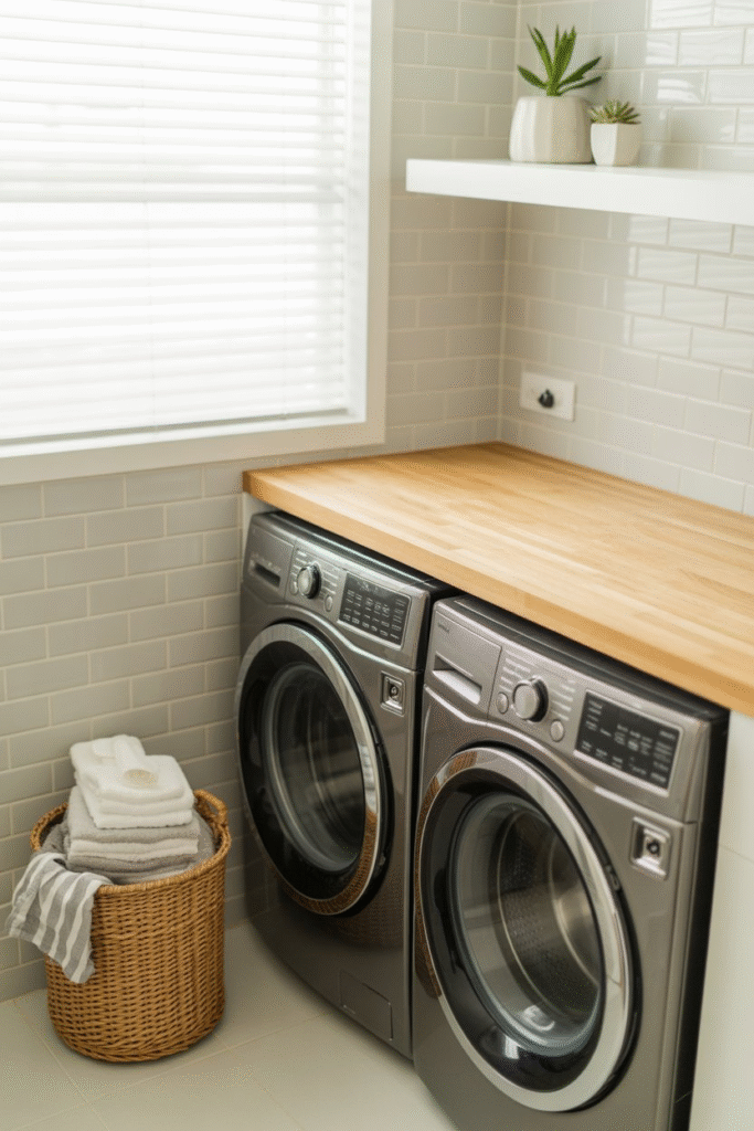 Butcher block countertop installed above front-loading washer and dryer, providing a folding surface with modern warmth.

