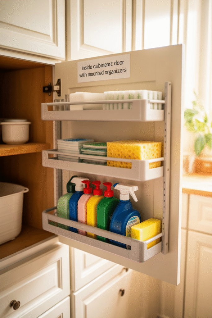 Open cabinet door in laundry room showing mounted organizers holding dryer sheets, brushes, and sponges.