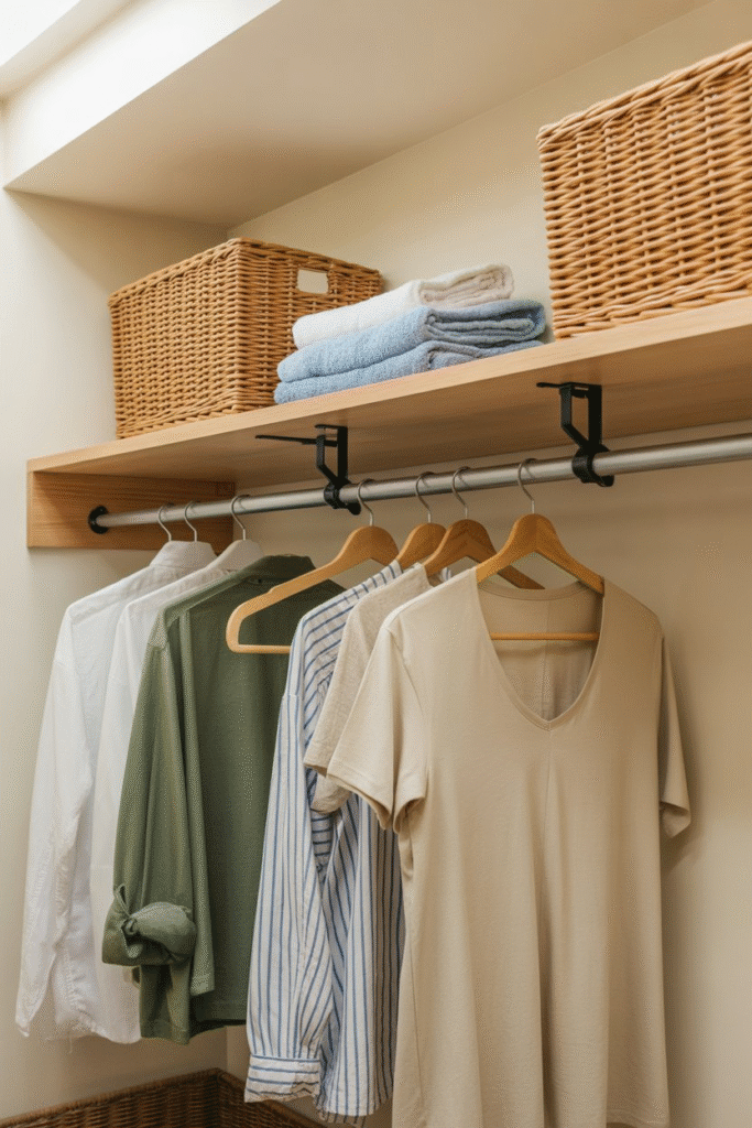 Rod installed beneath a laundry shelf, used for hanging freshly laundered clothes on hangers.