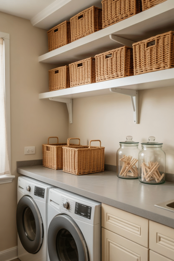 Floating shelves over laundry countertop, decorated with glass jars, clothespins, and woven storage baskets.

