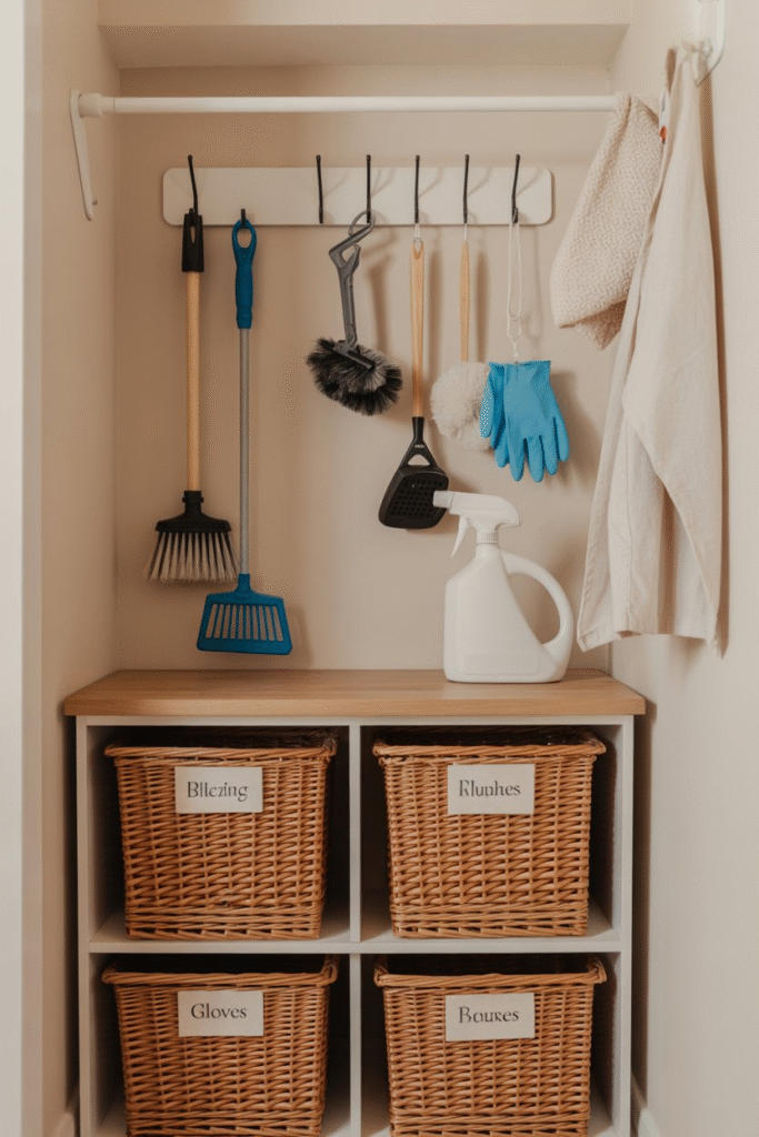 Laundry room wall with hooks holding a mop, ironing board, and storage baskets for small essentials.

