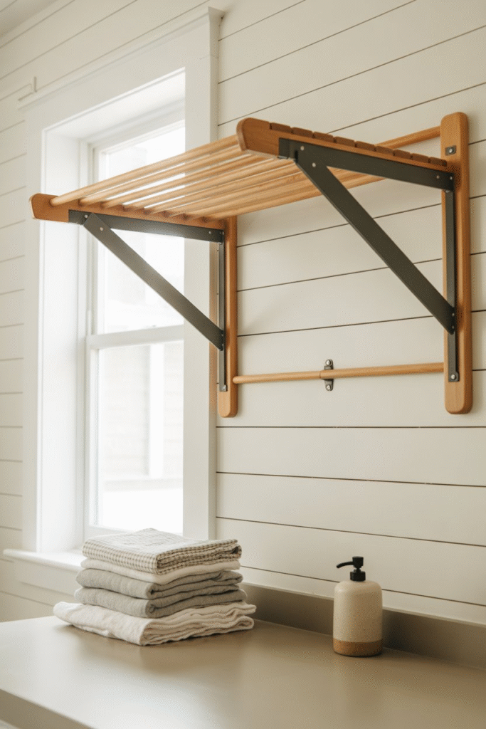 Wall-mounted foldable drying rack above a laundry machine, blending into the decor with wood and black metal accents.

