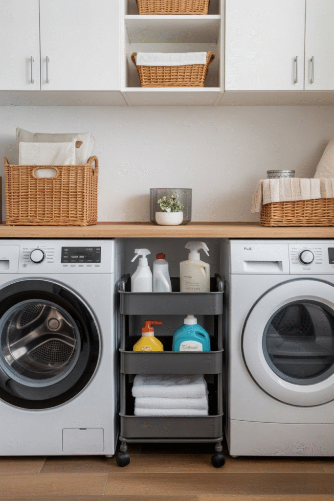Narrow rolling cart tucked between washer and dryer, holding detergent and laundry supplies in an organized, space-saving setup.

