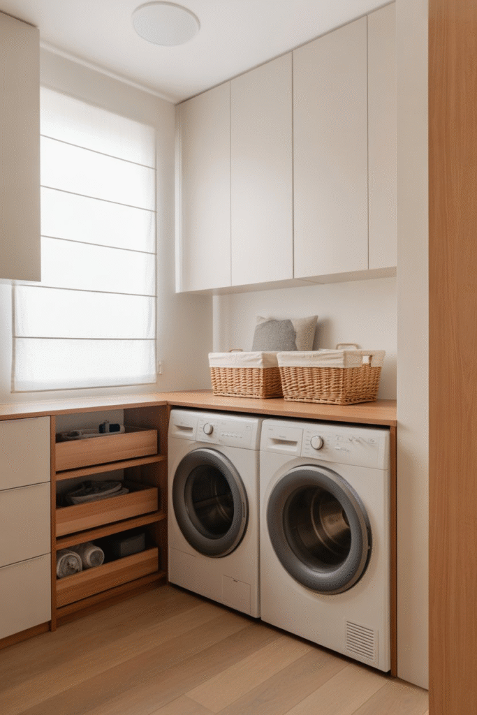Compact laundry area featuring built-in wooden pull-out hamper drawers beneath a folding counter.