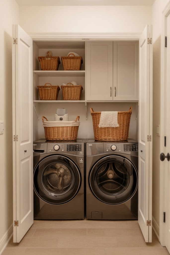 As a part of creative storage ideas for small laundry rooms this picture shows small laundry room with front-loading machines and sleek overhead cabinets, neatly storing baskets of cleaning supplies.