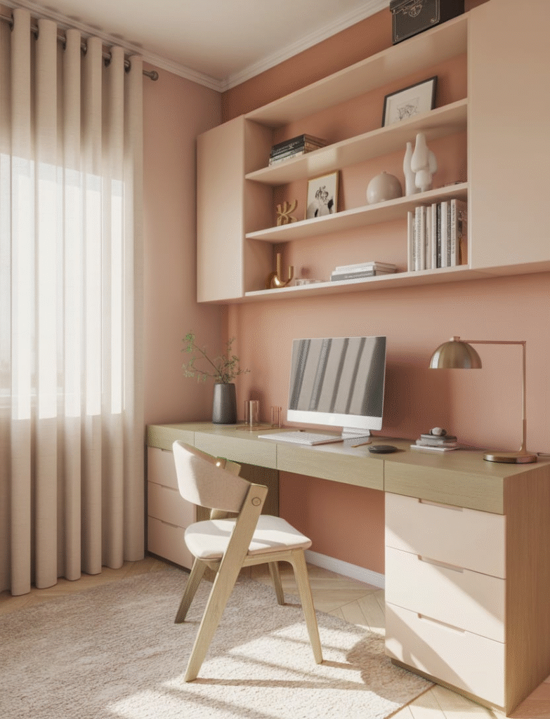 As a part of pink home office ideas this picture features with a blush pink accent wall, light wood desk with brass lamp, black planter; floating shelves with white and golden decor pieces, books, frames; creating a soft, sophisticated atmosphere