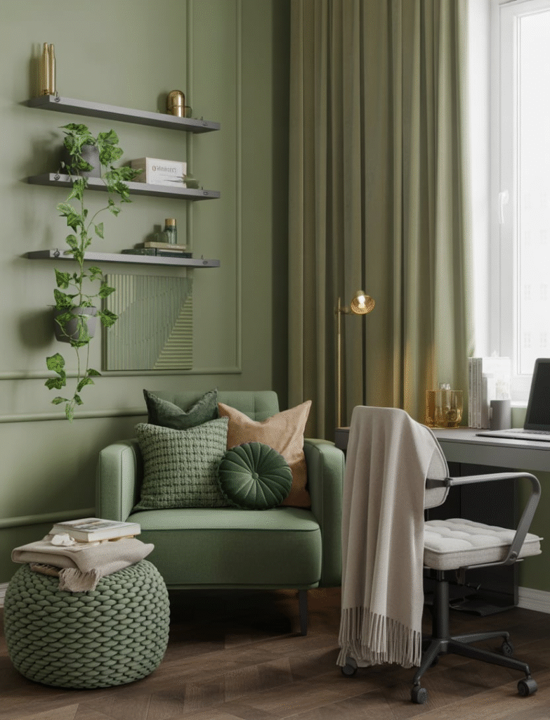 Cozy office nook with layered green textiles, including velvet cushions and knit throws on a reading chair, creating an inviting and tactile workspace.