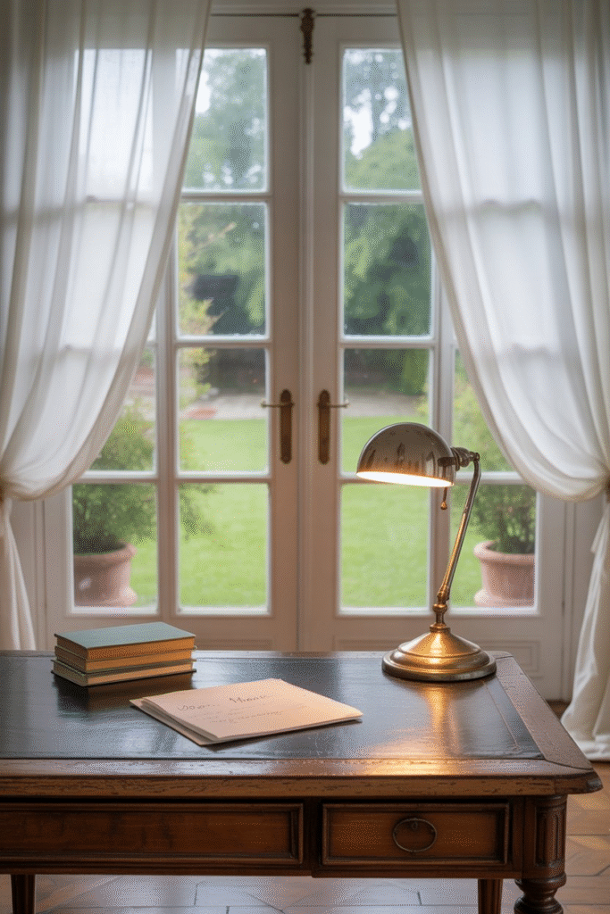 Home office with classic French doors featuring glass panes and sheer curtains, allowing natural light to brighten the space.