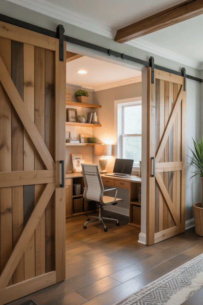 Rustic home office with sliding barn doors made of reclaimed wood and black metal hardware, cozy and farmhouse-inspired.