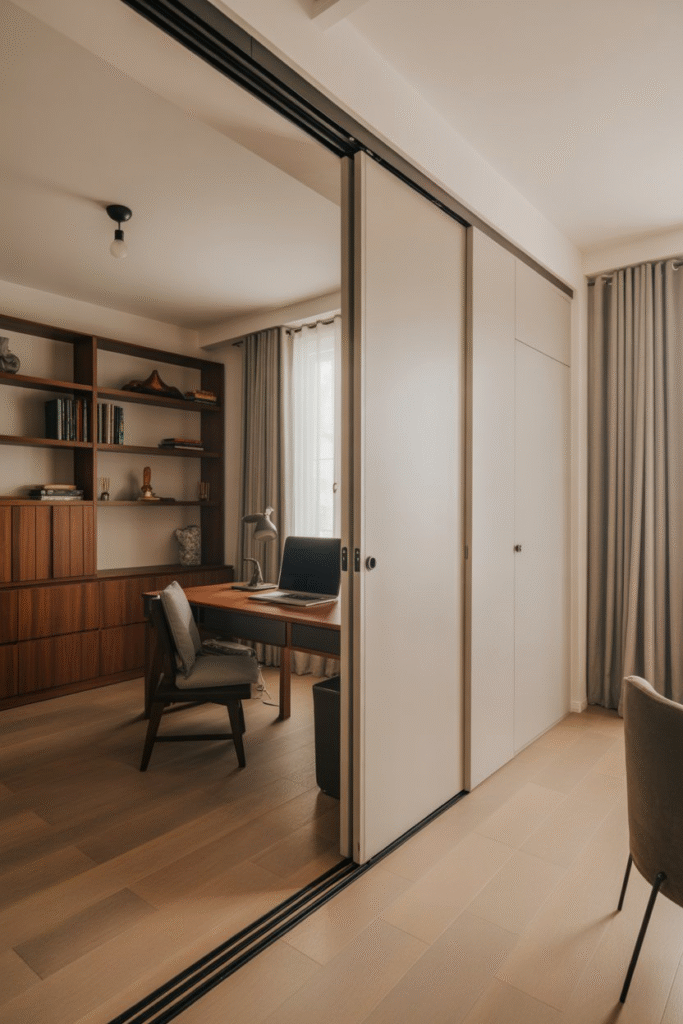 Minimalist workspace with pocket doors that slide into the wall, maximizing floor space in an open-concept layout.