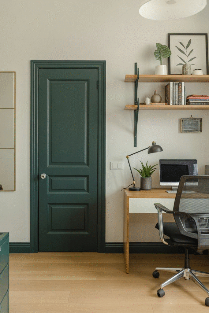 Home office with a bold painted door in navy blue or forest green, adding vibrant contrast to a neutral room.