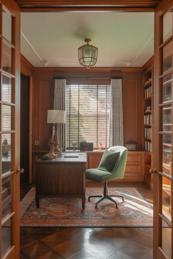 Traditional home office featuring classic paneled wood doors with rich grain, paired with vintage furniture.