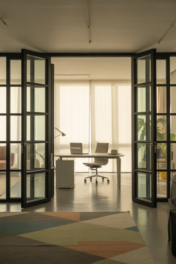Office space with sliding pocket doors made of glass panes, blending openness and separation with a modern touch.