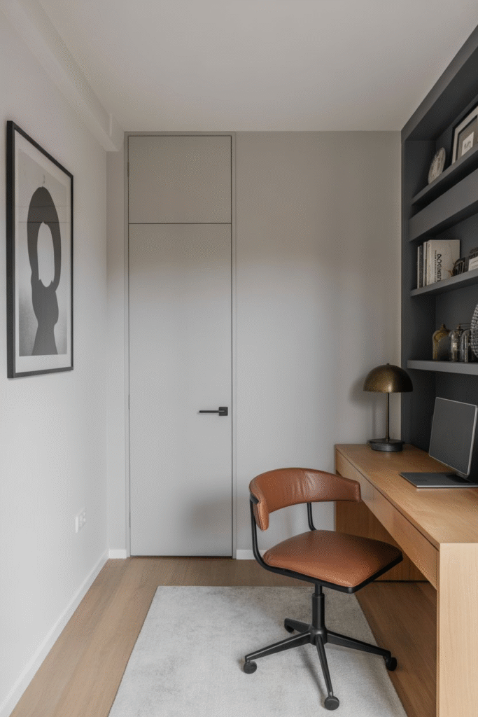 Contemporary home office with a sleek flush door and matte black handle, matching a minimalist design scheme.