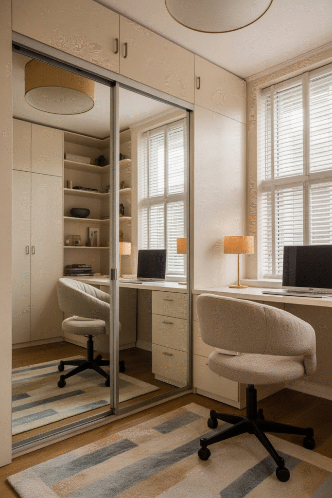 Compact home office with mirrored doors reflecting light, creating the illusion of a larger and brighter space.