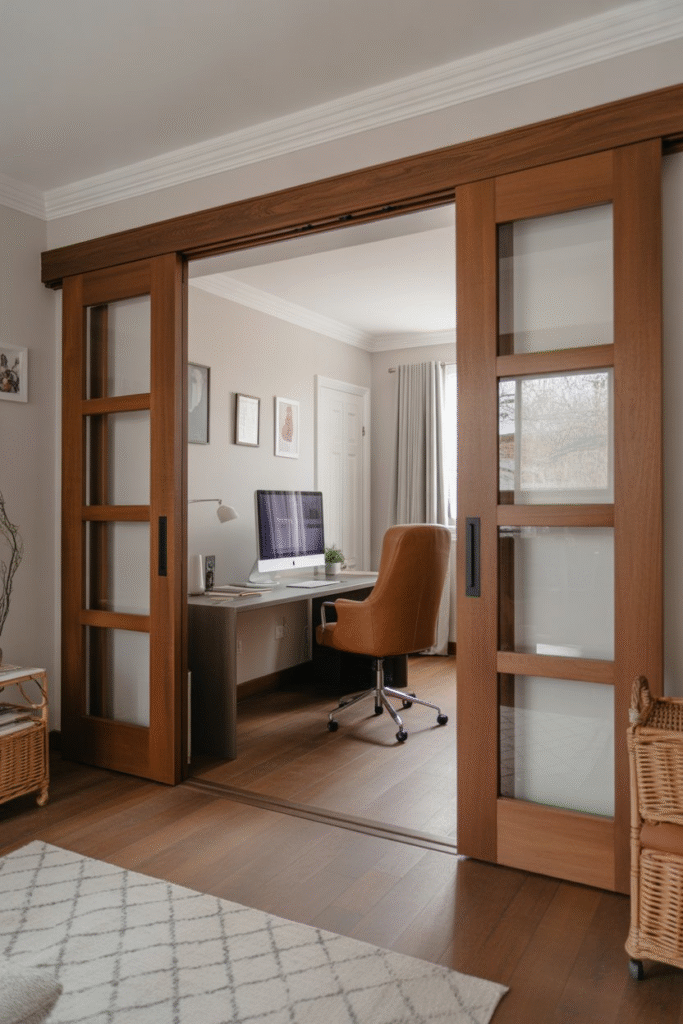 Spacious home office with double sliding doors, either in modern glass or rustic wood, creating a wide, open entry.