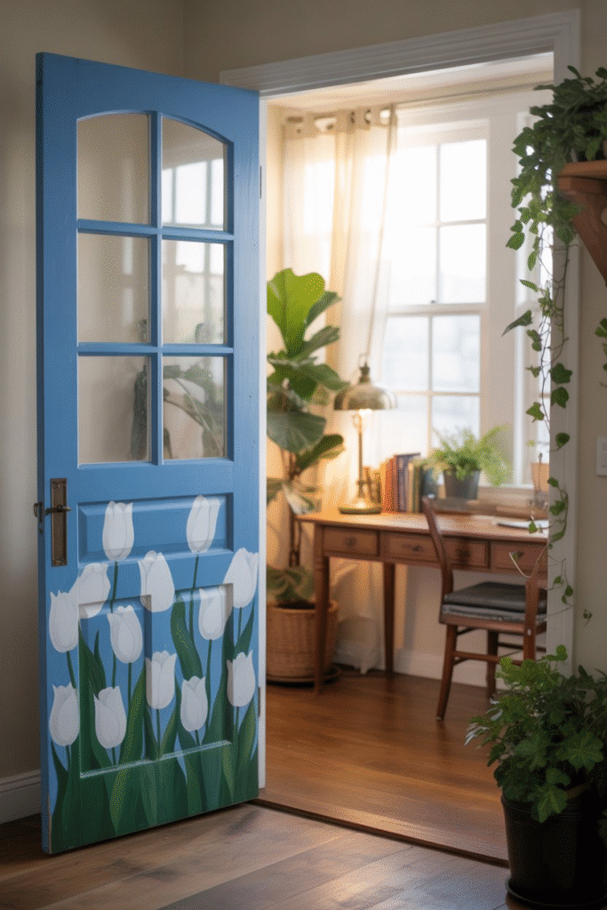 Home office featuring a Dutch door with the top half open, offering airflow and visibility while maintaining partial privacy.