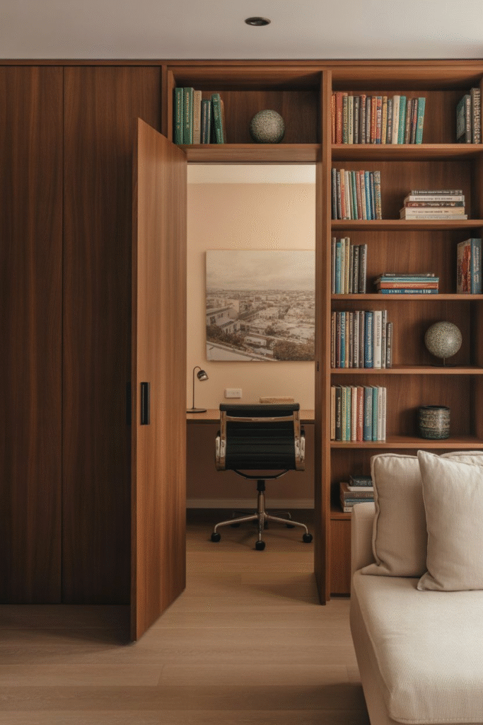 Concealed office entrance disguised as a bookcase or wall panel, creating a secret hidden workspace.